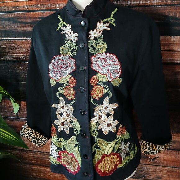 Vanity Vintage 90s Jacket L Cropped Embroidered Beaded Mandarin - Picture 3 of 10